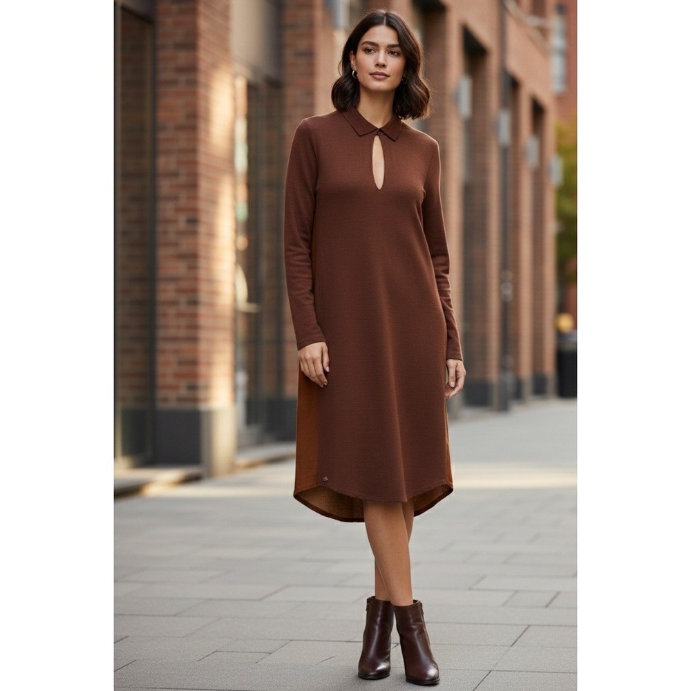 Lacoste Womens Wool Blend Long Sleeve Polo Dress Brown Colorblock Size 38 US 6